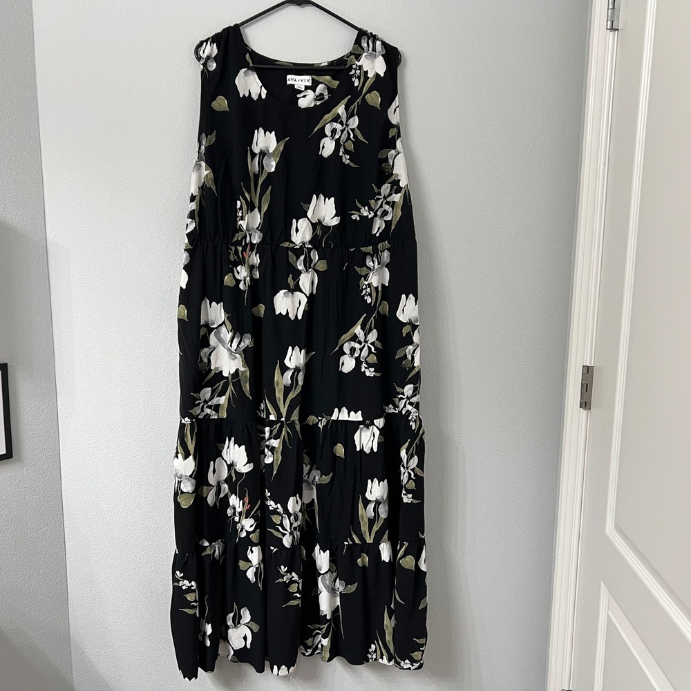 Ava & Viv Womens 3X Black Floral Tiered Maxi Dress Sleeveless Pockets